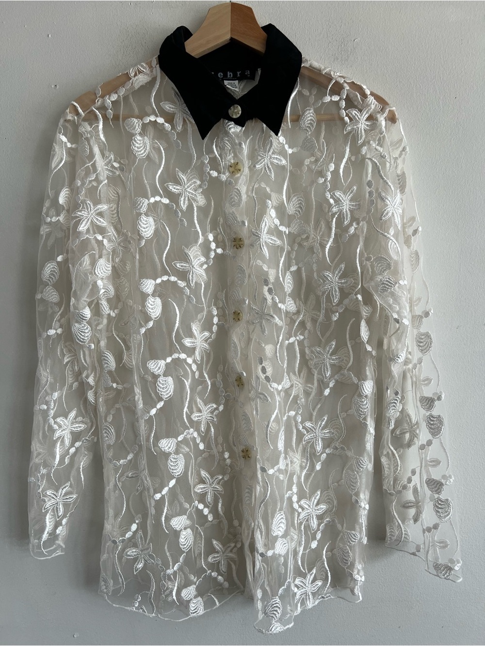 Zebra Sheer Embroidered White Blouse with Black Collar